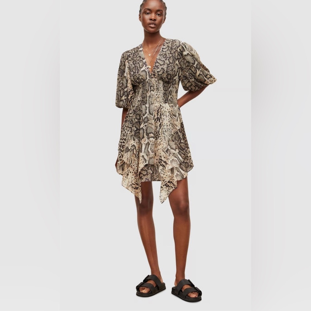 AllSaints Animal Print Asymmetric Hem Mini Dress